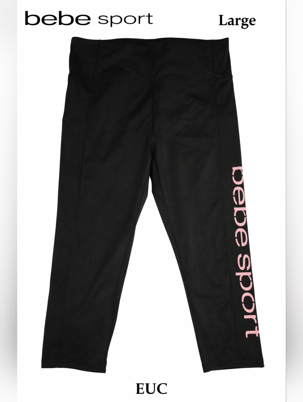 bebe Sport Black Leggings with Pink Logo, Large, EUC
